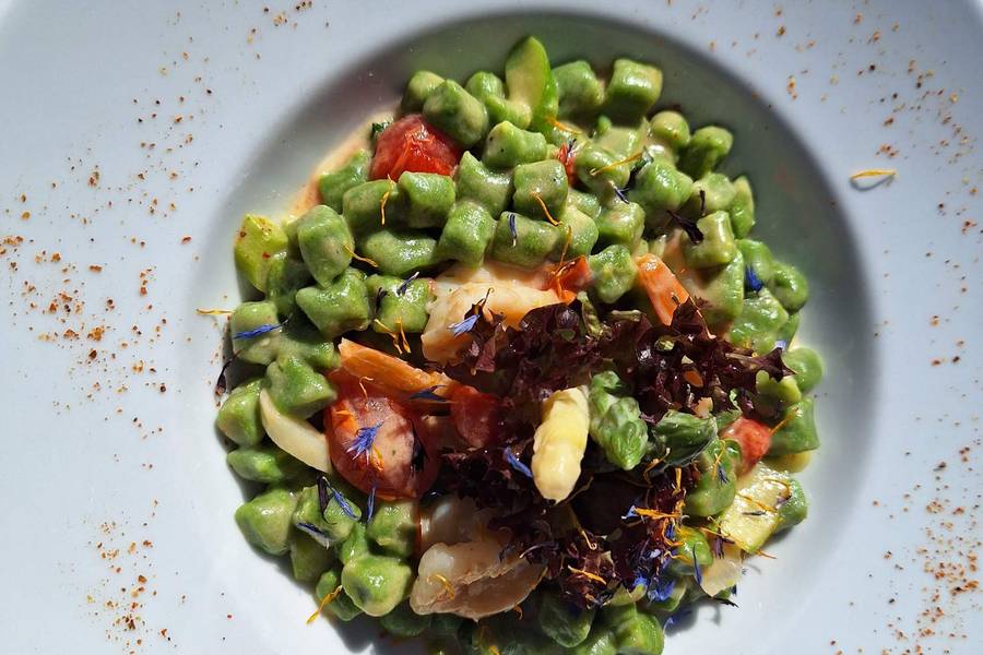 Green spinach gnocchi with tomatoes, asparagus and edible flowers