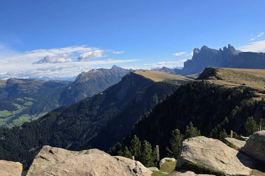 View from a rocky summit over forested ridges towards the Odle peaks