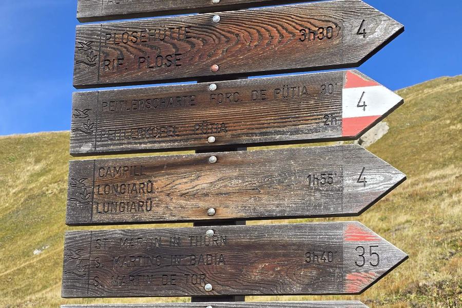 Wooden hiking signposts with trail numbers and walking times on a mountain pass