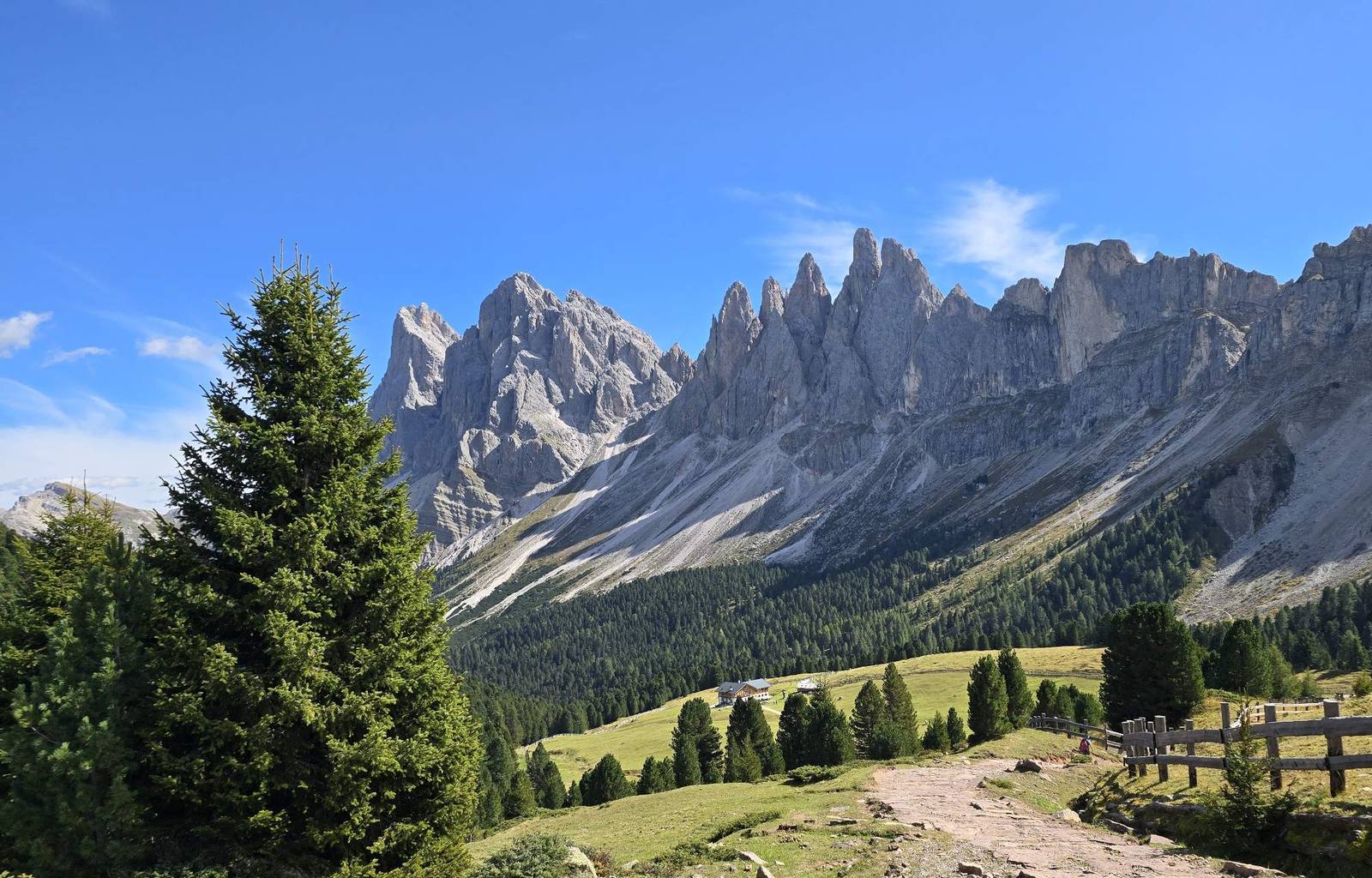 Odle peaks above an alpine meadow with a hut and a hiking path