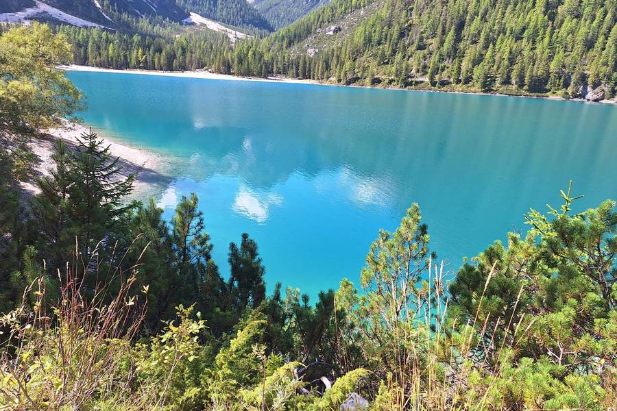 Turquoise water of Lake Braies in the Dolomites