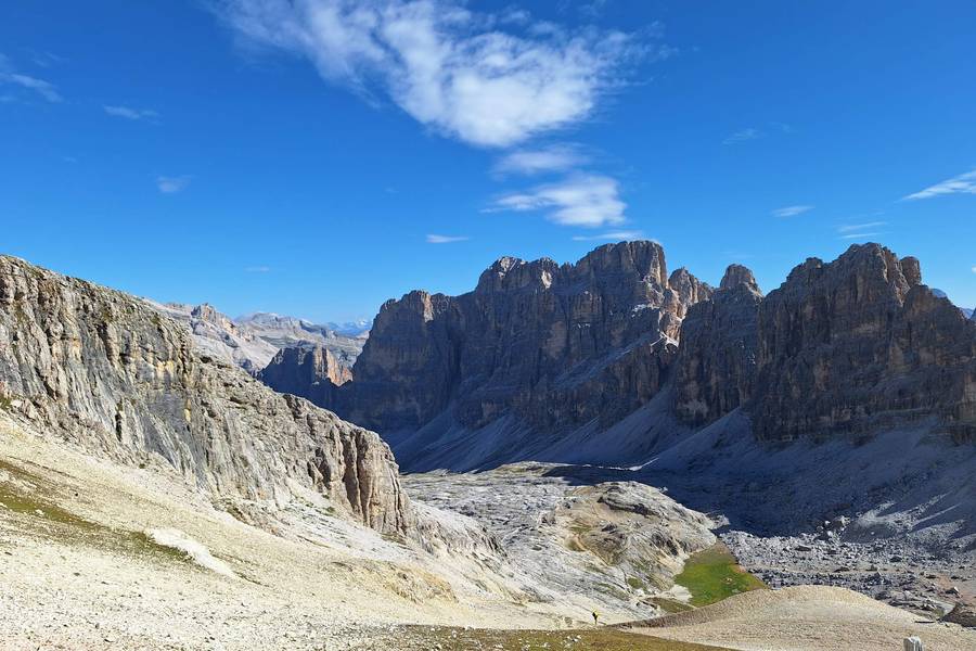 Rocky Dolomites valley with a view of the peaks