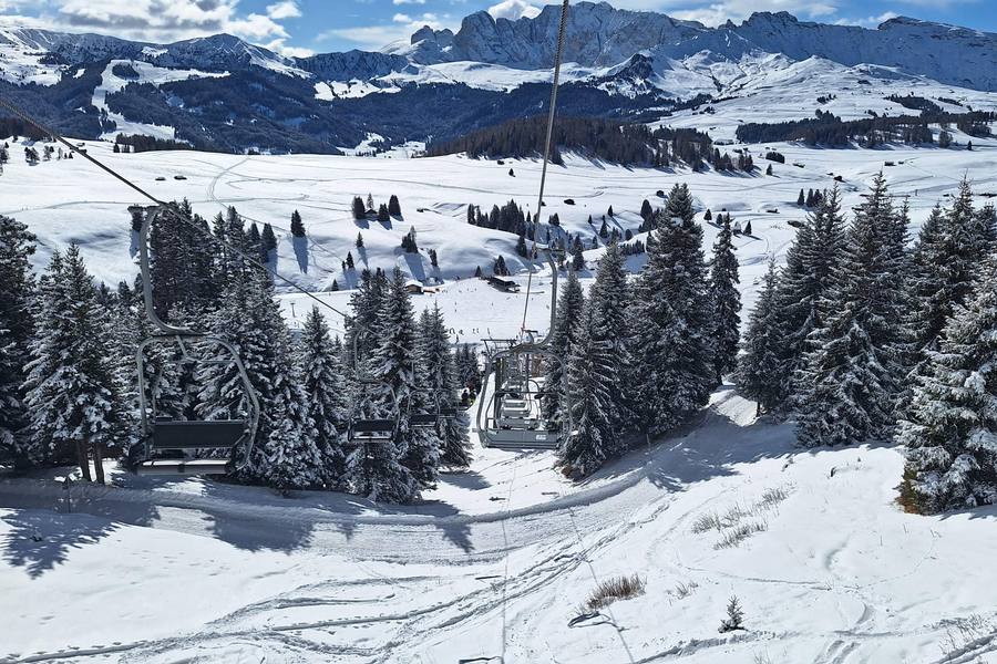 Chairlift above snow-covered fir trees on the Alpe di Siusi with the Dolomites behind