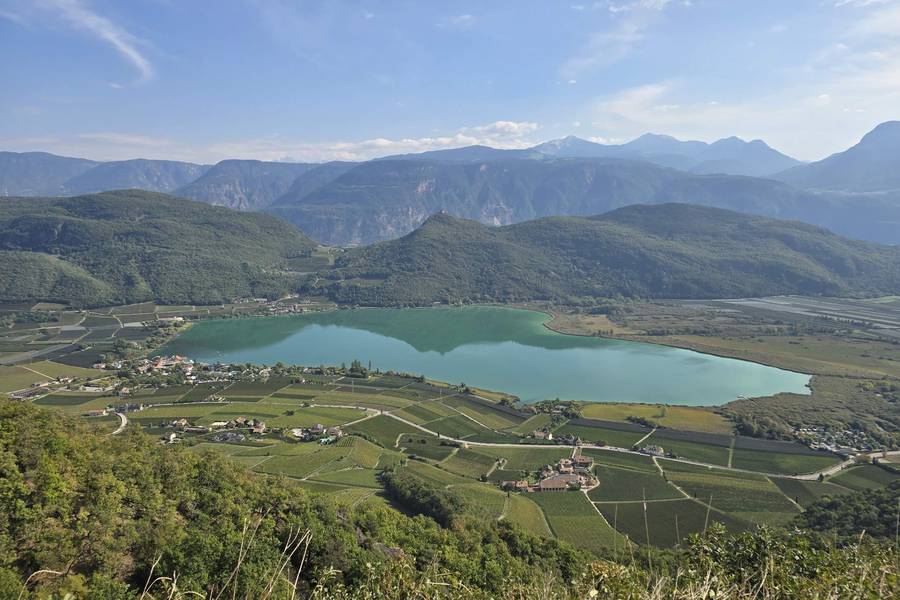Lake Caldaro seen from above, surrounded by vineyards and green hills